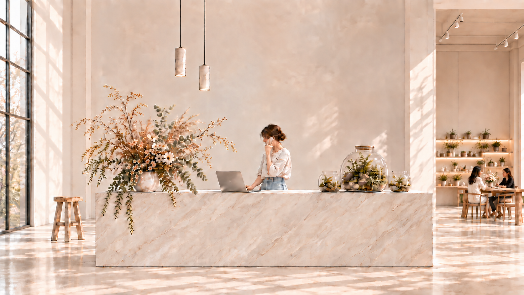 BOLÍSHEE reception desk in a sunlit botanical studio