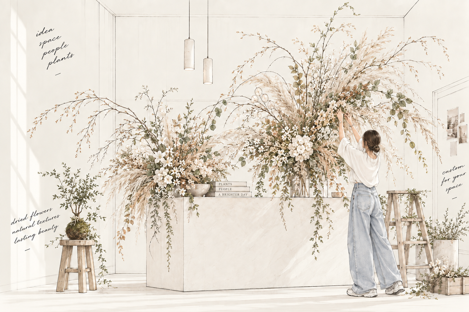 BOLÍSHEE designer creating a large custom botanical installation in a light-filled studio